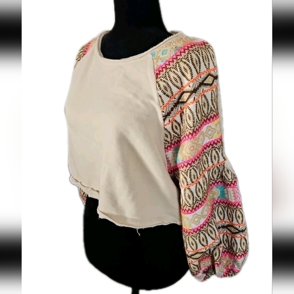 Free People Cream Cropped Embroidered Balloon Sleeve Boho Statement Sweater XS - Picture 5 of 15